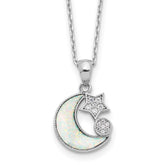 Sterling SilverRhodium-Rhodium-Plated CZ Created Opal Inlay Moon With 2 Inch Extention Necklace
